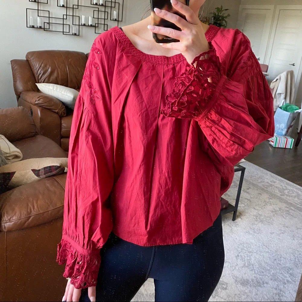 FREE PEOPLE WISHING WELL RED LACE COTTON BLOUSE XS